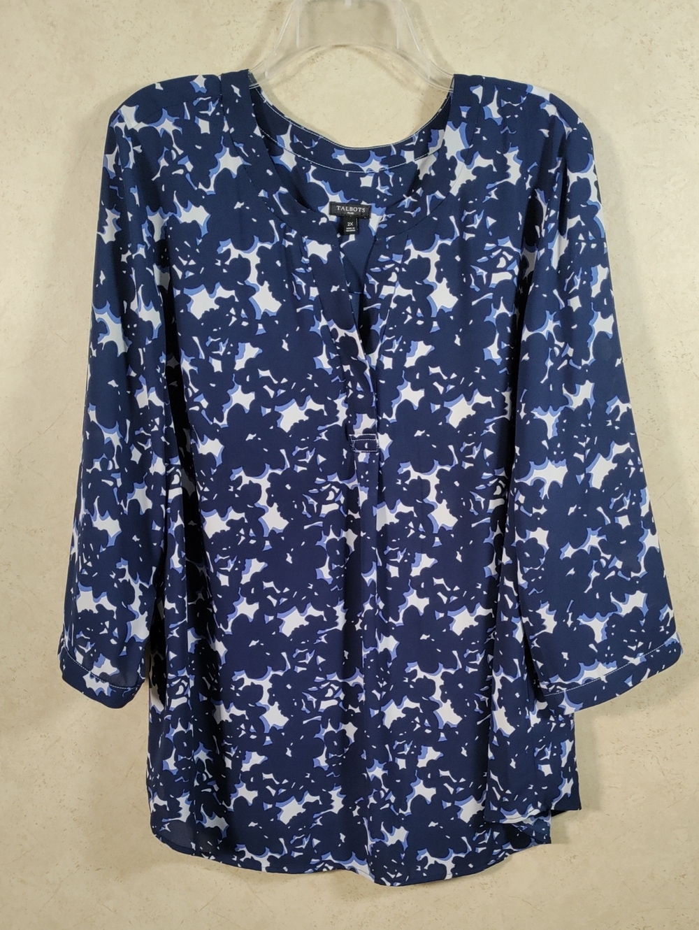 H196 Talbots blue & white floral crepe 7/8 sleeve tunic blouse 2X